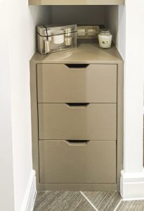 Bathroom bookcase with floating shelves. Made from humidity resistant MDF