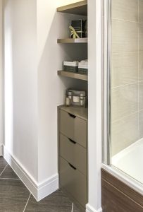 Bathroom bookcase with floating shelves. Made from humidity resistant MDF